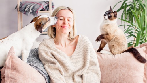 Femme blonde avec son chien de taille moyenne et son chat, assis sur le fauteuil.