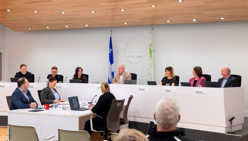Conseil municipal devant les citoyens assistant à la séance du conseil dans la salle de l'hôtel de ville.